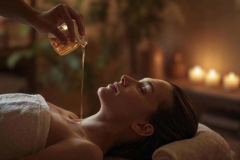 Trattamento ayurvedico con olio caldo per il rilassamento di corpo e mente