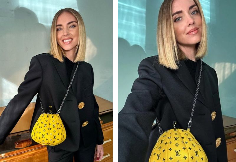 Chiara Ferragni con la borsa a forma di zucca Louis Vuitton X Yayoi Kusama