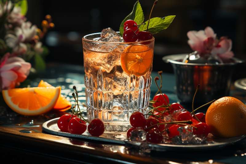 bicchiere con cocktail e frutta fresca