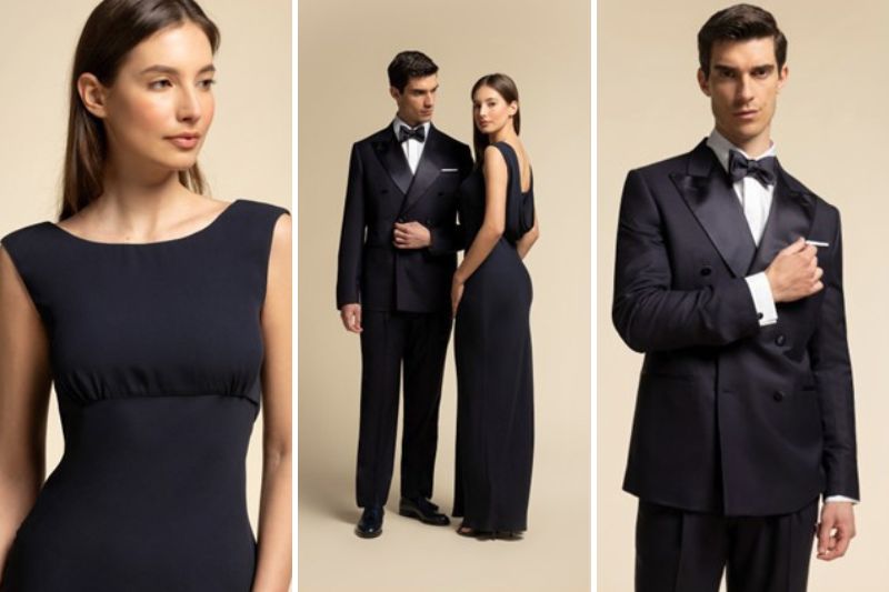 Modelli in abiti eleganti blu navy della collezione soirée soirée di Ludovica Mascheroni