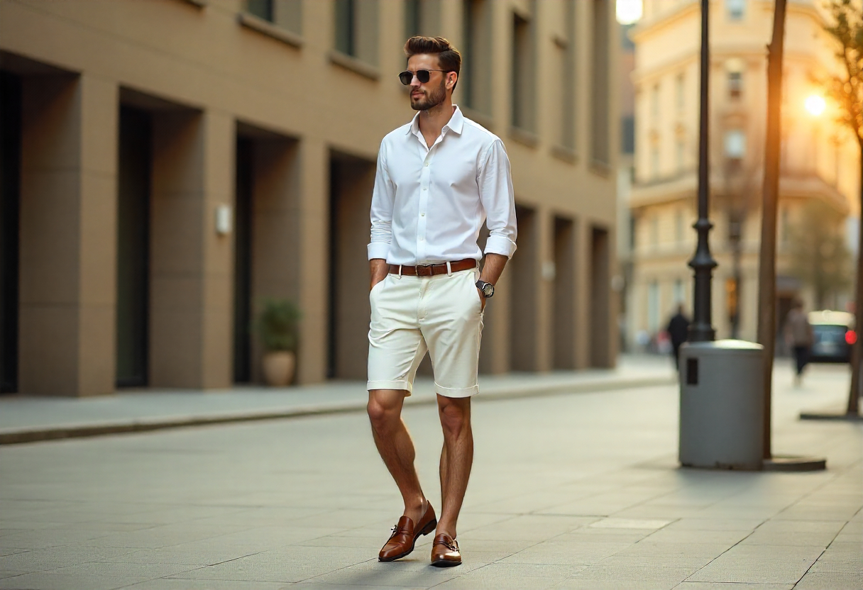 Bermuda Uomo Estate 2025: Guida allo stile Un uomo con occhiali da sole, che indossa una camicia bianca, bermuda bianchi e mocassini in pelle marroni, cammina per strada.