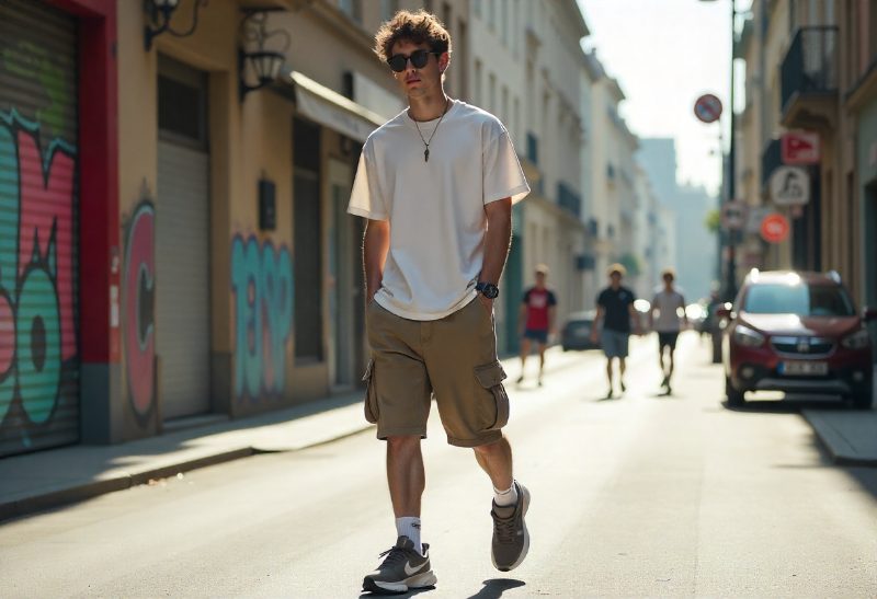 Bermuda uomo cargo estate 2025 look street style urbano Ragazzo con bermuda cargo e t-shirt oversize street style estate 2025
