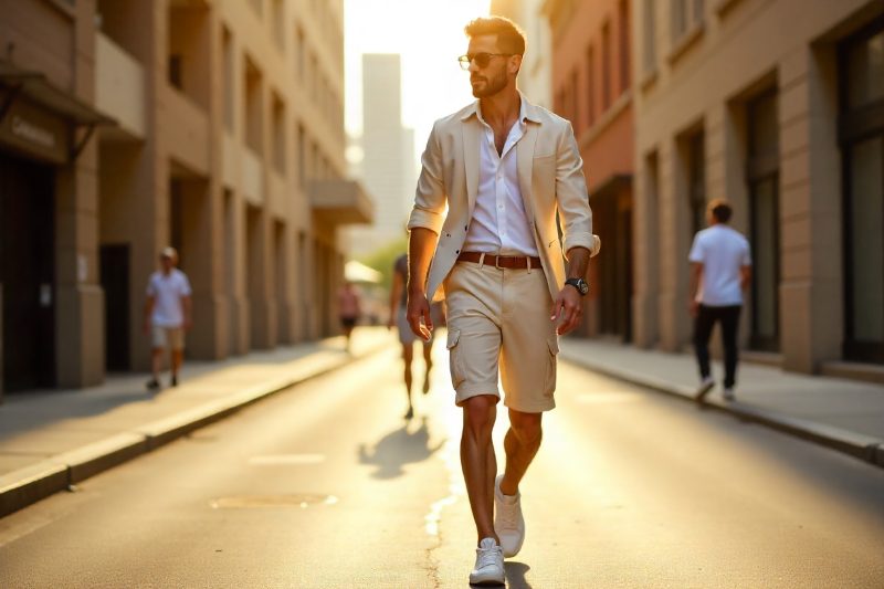 Bermuda uomo sartoriali estate 2025 look elegante con blazer Uomo con bermuda sartoriali beige e blazer coordinato estate 2025