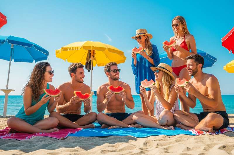 Un gruppo di sei giovani adulti sorridenti, tre donne e tre uomini, seduti sulla sabbia mentre mangiano fette di anguria in una spiaggia italiana con ombrelloni colorati