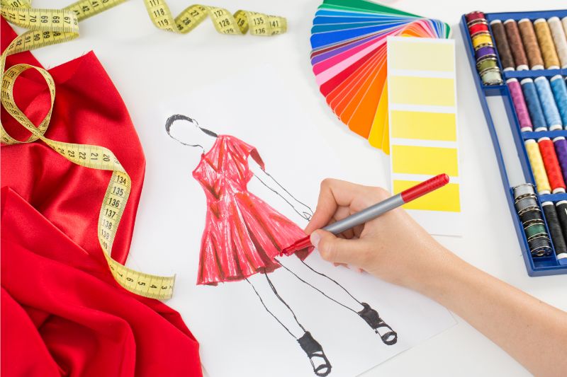 Disegno di moda: creazione di uno schizzo di un abito rosso Una mano che disegna un figurino di moda su un foglio di carta, circondato da accessori per stilisti come tessuti, un metro da sarta e una ruota dei colori.