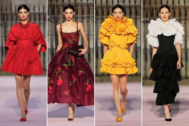 Quattro look della sfilata Carolina Herrera Spring Summer 2026 a Madrid, tra volumi scultorei, ricami floreali e colori intensi