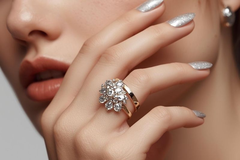 Una mano di donna con unghie lunghe dipinte con smalto metallizzato glitterato color argento, che indossa un grande anello dorato con pietre preziose.