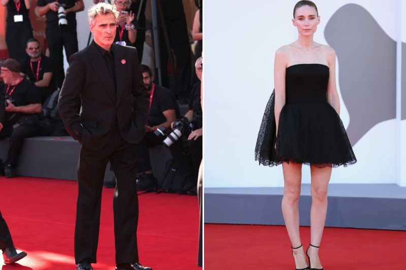 a sinistra Joaquin Phoenix e a destra Rooney Mara in nero per Gaza sul red carpet dell'ottava serata di Venezia 82