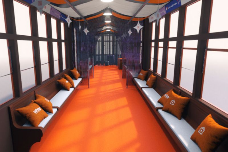 Interno del tram Whizy a Milano allestito per il lancio dell’app “Scatta, Scegli, Compra”, con decorazioni e cuscini brandizzati.