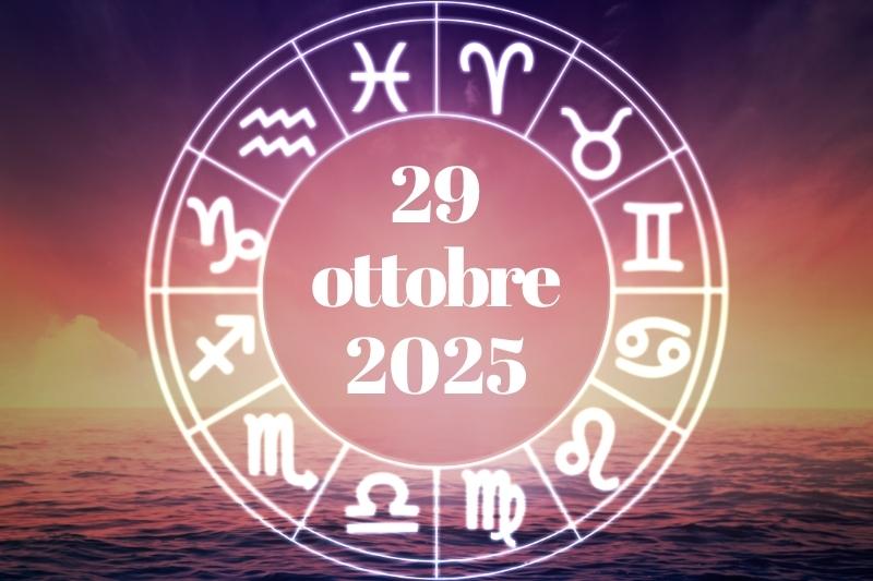 Ruota zodiacale con i simboli dei segni e la data 29 ottobre 2025 su sfondo colorato