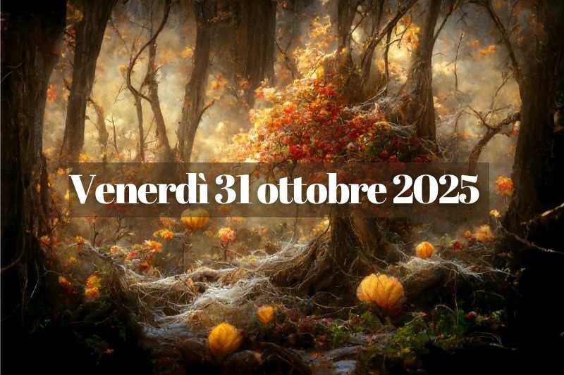Bosco autunnale illuminato da luce dorata con zucche e rami intrecciati, simbolo di Halloween e del 31 ottobre 2025
