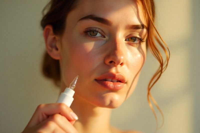 Close-up di una modella con pelle impeccabile che applica un siero viso illuminante