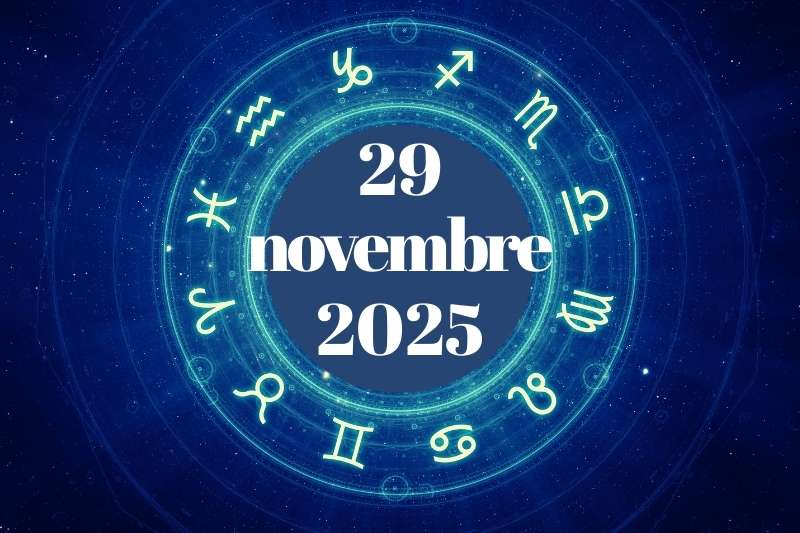 Illustrazione astrologica con segni zodiacali e data 29 novembre 2025 al centro