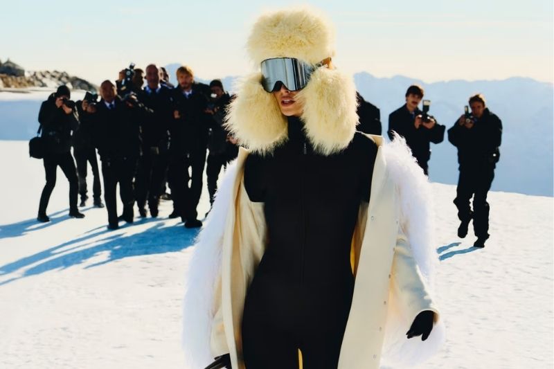 Modella con outfit tecnico della collezione Jacquemus x Nike Après Ski posata sulla neve con fotografi sullo sfondo