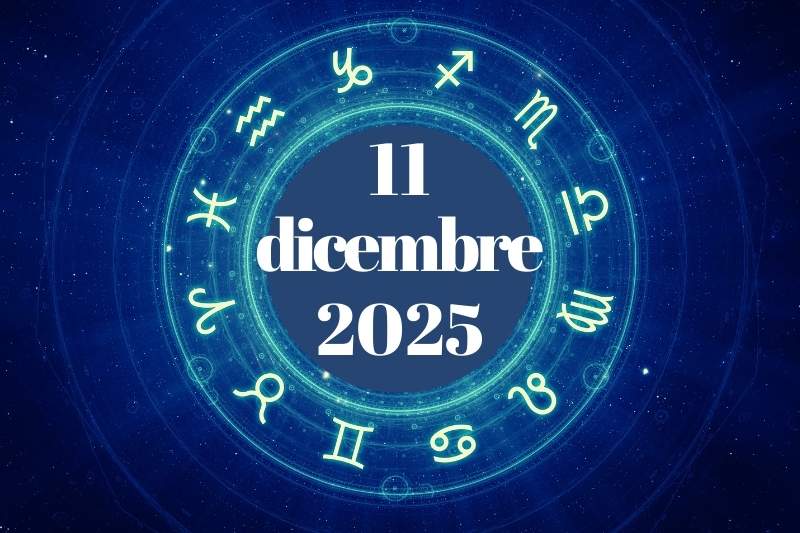 Grafica con la data 11 dicembre 2025 al centro di un cerchio zodiacale con i simboli astrologici