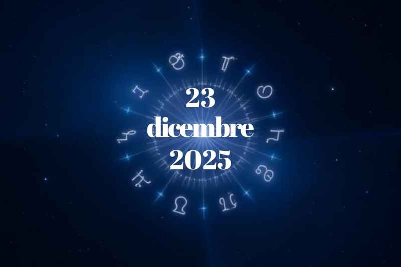 Oroscopo del 23 dicembre 2025 con simboli zodiacali e data al centro su sfondo blu