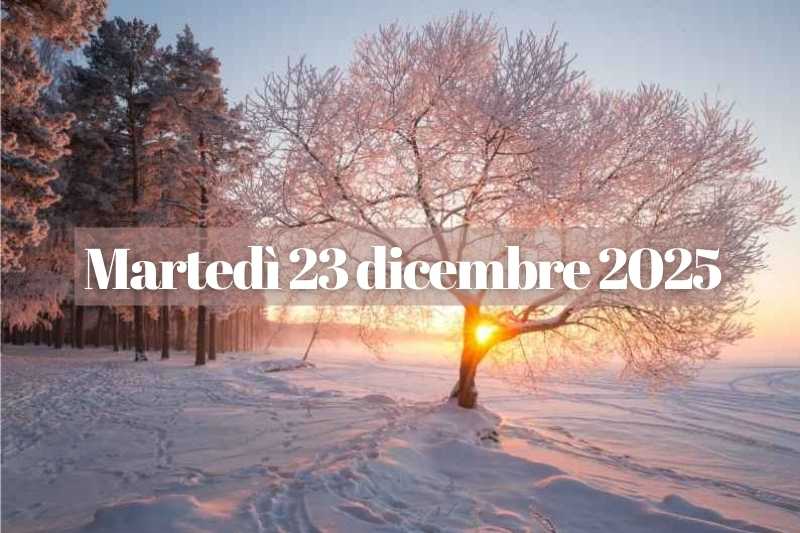 Albero innevato al sorgere del sole in una mattina d’inverno, con la scritta martedì 23 dicembre, paesaggio ghiacciato illuminato da luce dorata