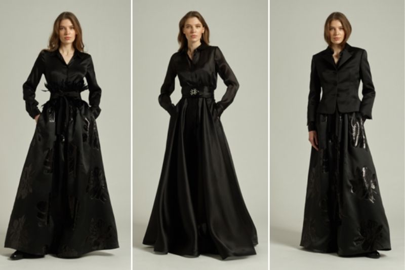 Abiti da sera neri Sara Roka con silhouette fluide e dettagli sartoriali