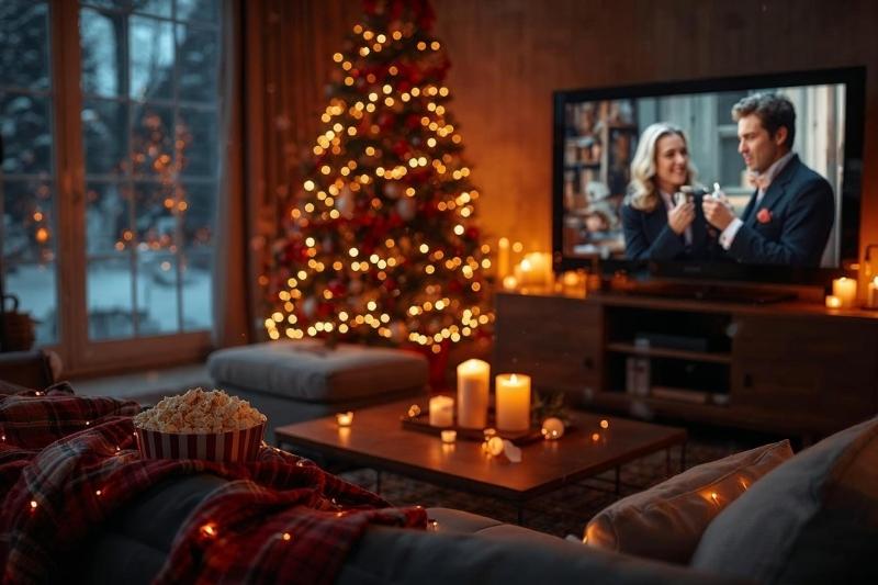 Salotto addobbato per Natale con albero illuminato e televisione accesa su un classico film di Natale