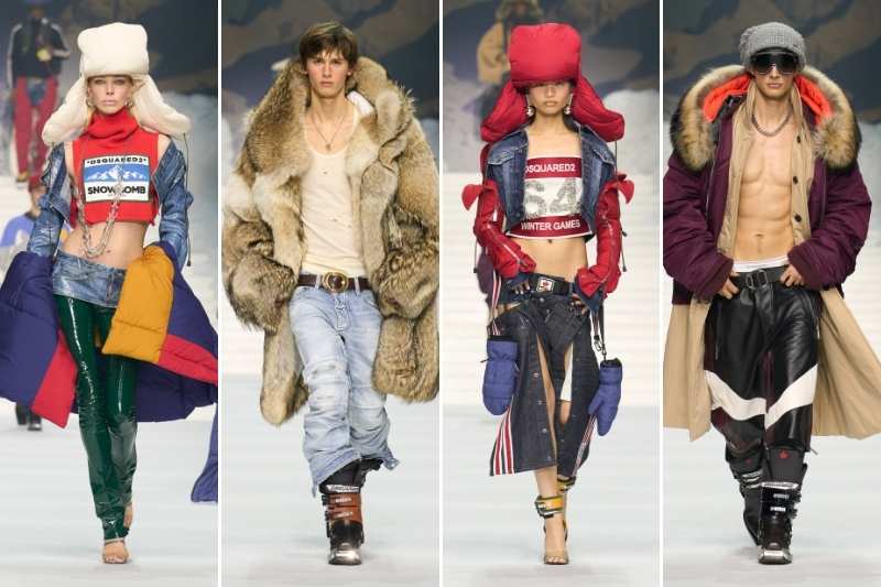 Look Dsquared2 FW26 con volumi estremi, pellicce, denim e riferimenti agli sport invernali