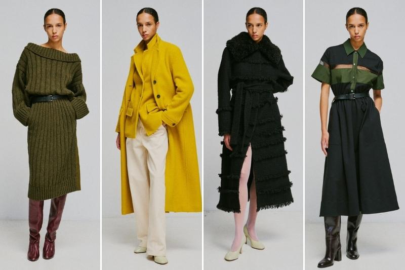 Quattro look della collezione Mantù FW26 con cappotto giallo senape, maglia verde oliva, cappotto nero materico e abito verde militare