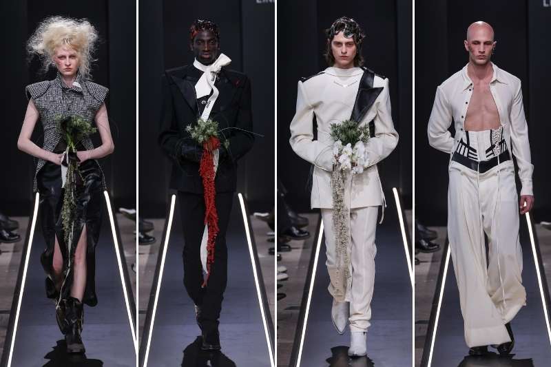 Modelle e modelli in passerella con abiti sartoriali destrutturati e dettagli in pelle alla sfilata Alchètipo FW26