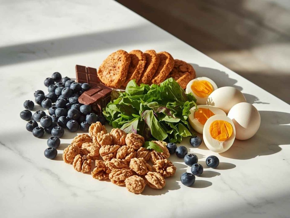 alimenti per la mente come noci mirtilli uova verdure a foglia verde e cioccolato fondente