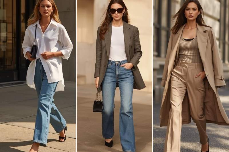 Tre look donna con capi basic primavera 2026 tra camicia bianca oversize, jeans larghi, blazer e trench beige