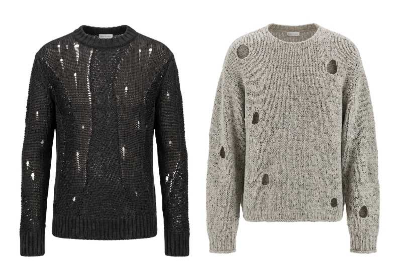 Due maglioni Annapurna uomo SS27 con lavorazioni destrutturate, buchi decorativi e filati materici