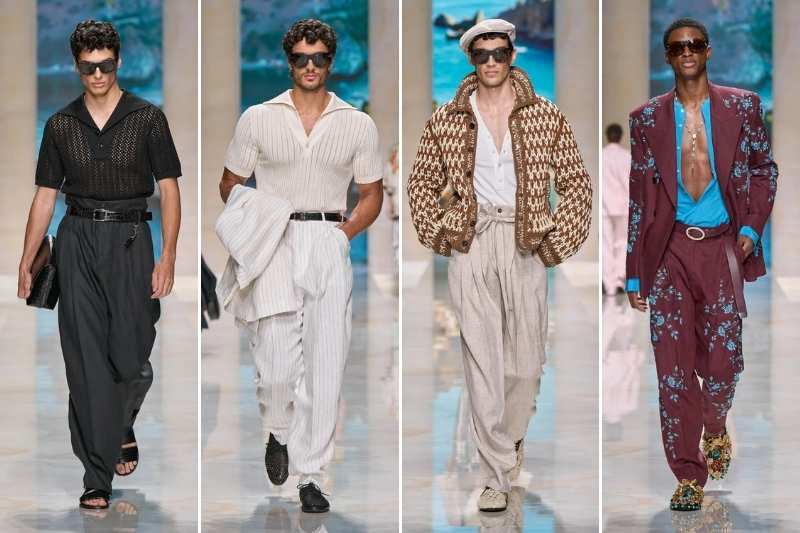 Modelli in passerella durante la sfilata Dolce&Gabbana Uomo Primavera Estate 2027 con completi sartoriali ispirati alla Sicilia
