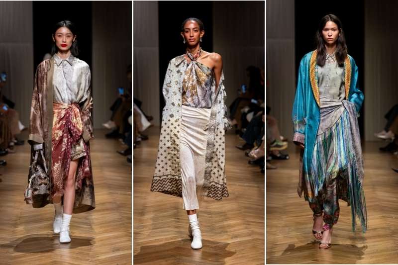 Modelle in passerella indossano look Pierre-Louis Mascia SS26 con foulard in seta trasformati in gonne, top e drappeggi