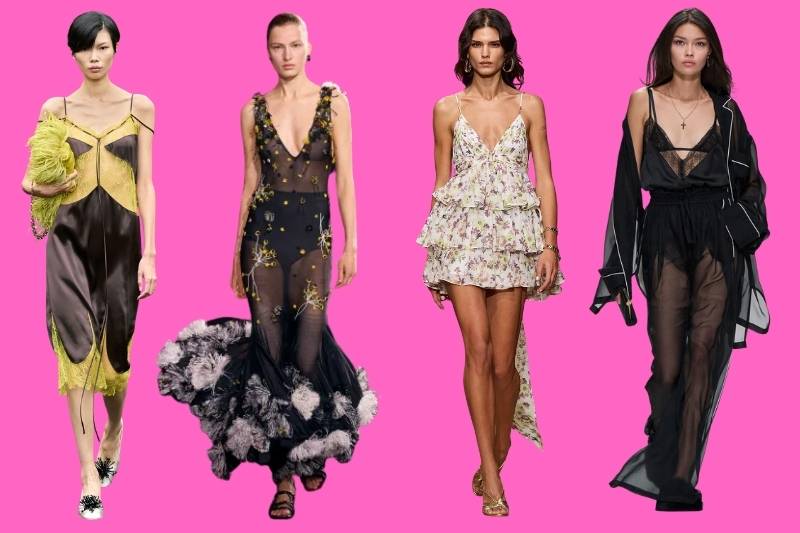 Quattro modelli di slip dress dell'estate 2026 firmati Ferragamo, Chanel, Luisa Spagnoli e Dolce&Gabbana