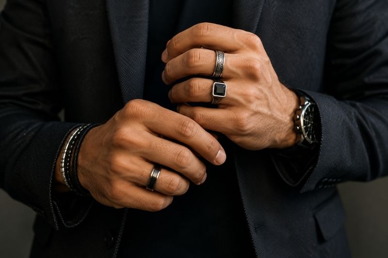 Uomo con blazer nero che indossa anelli in acciaio e bracciali, esempio di stile maschile elegante e contemporaneo