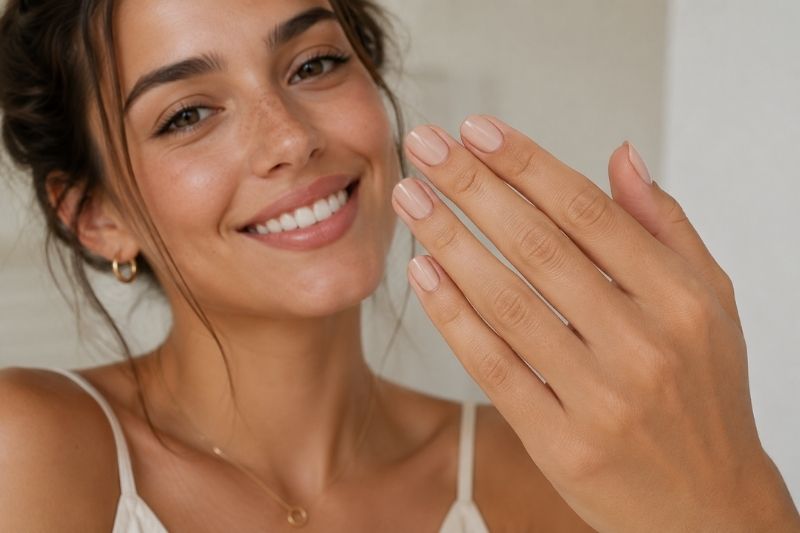 Ragazza sorridente mostra una manicure bare nails con unghie corte e smalto nude lucido
