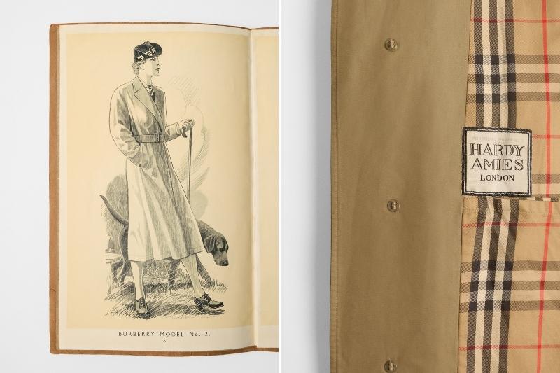 Catalogo storico Burberry e dettaglio del trench appartenuto allo stilista Hardy Amies esposti nella mostra del V&A