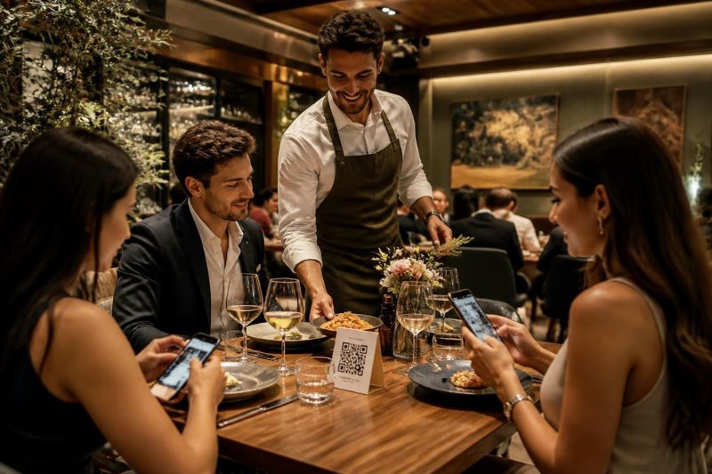 Clienti consultano un menu digitale tramite QR code in un ristorante mentre il cameriere serve i piatti