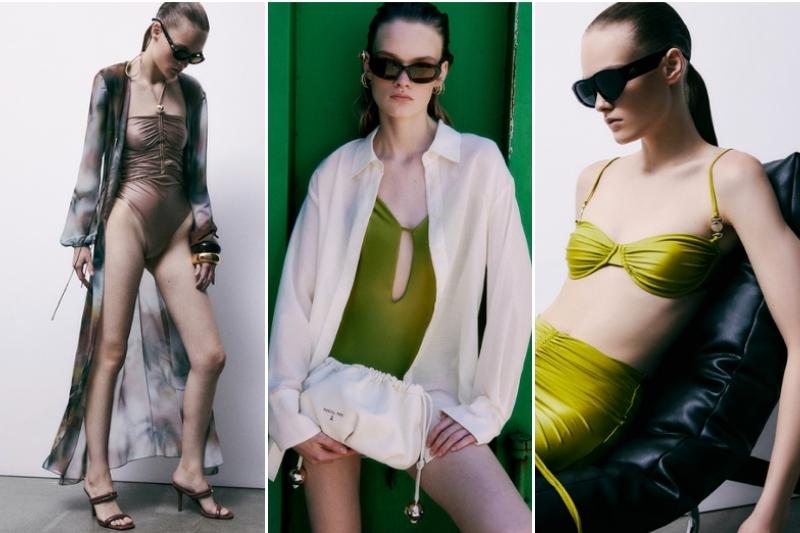 Tre look donna Patrizia Pepe Estate 2026 con costume intero, camicia over, bikini e gonna drappeggiata
