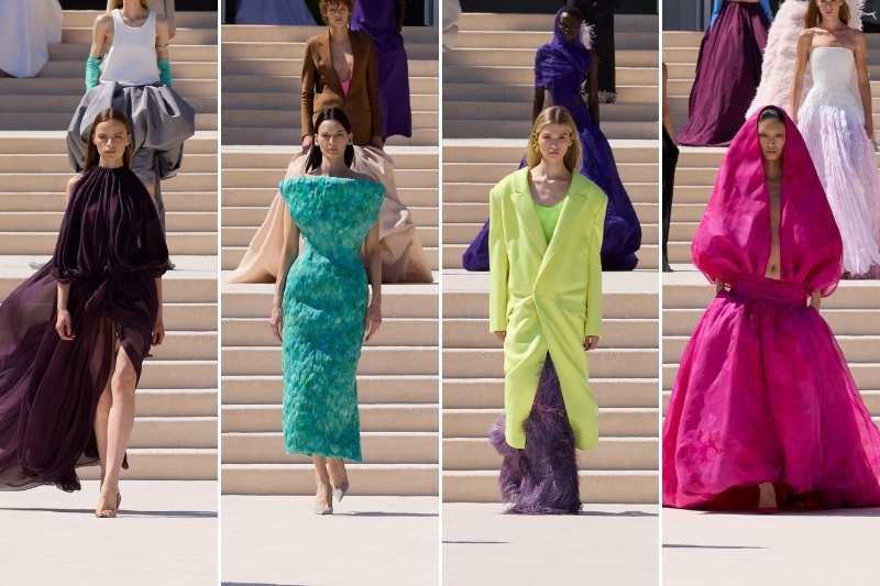 Quattro look della prima collezione Haute Couture di Pierpaolo Piccioli per Balenciaga, tra volumi scultorei e colori intensi