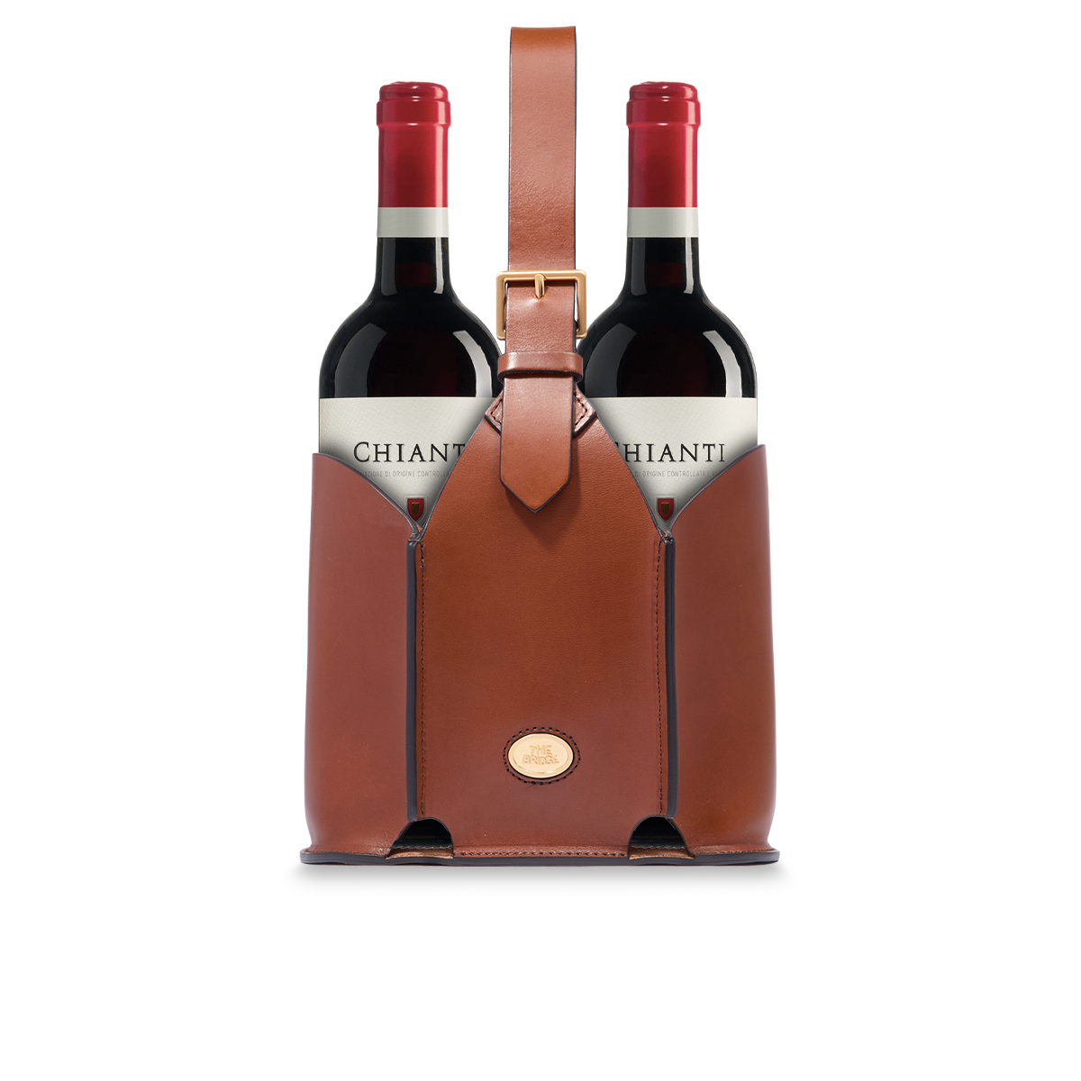 Portabottiglie doppio in pelle The Bridge con due bottiglie di vino della collezione Home Decor