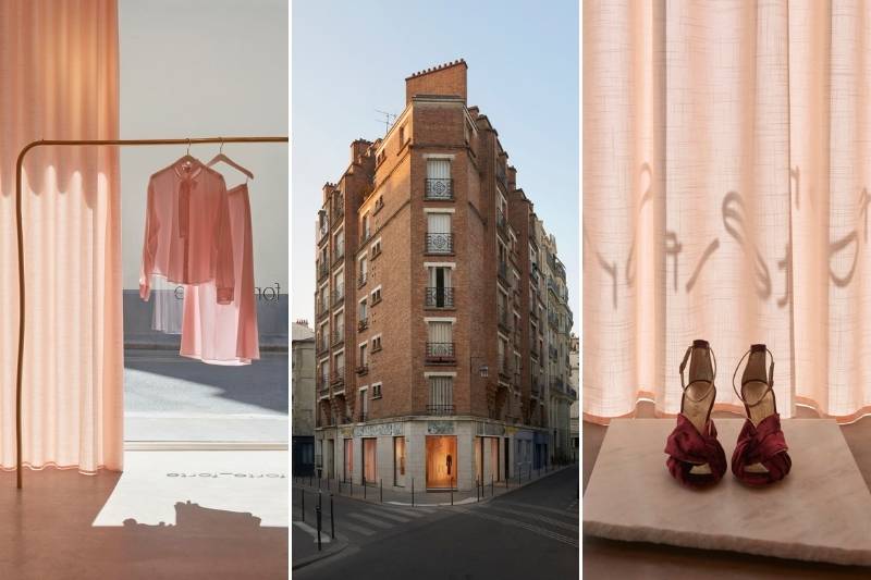 La nuova boutique Forte_Forte nel quartiere Marais di Parigi con gli interni essenziali e la facciata dello storico edificio che ospita lo store