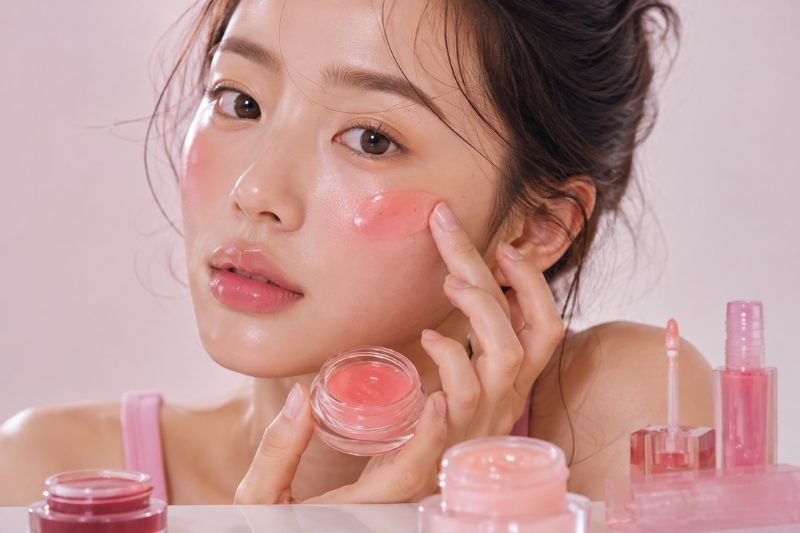 Giovane donna applica un blush dalla texture jelly secondo il trend K-Beauty gel