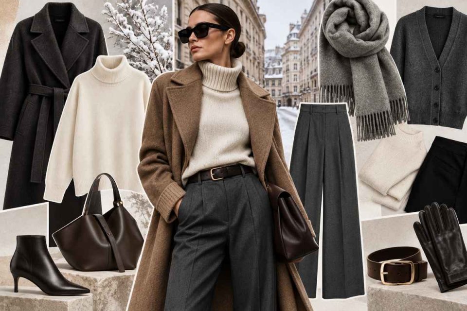 Guardaroba capsule invernale con cappotto, maglione, pantaloni sartoriali e accessori