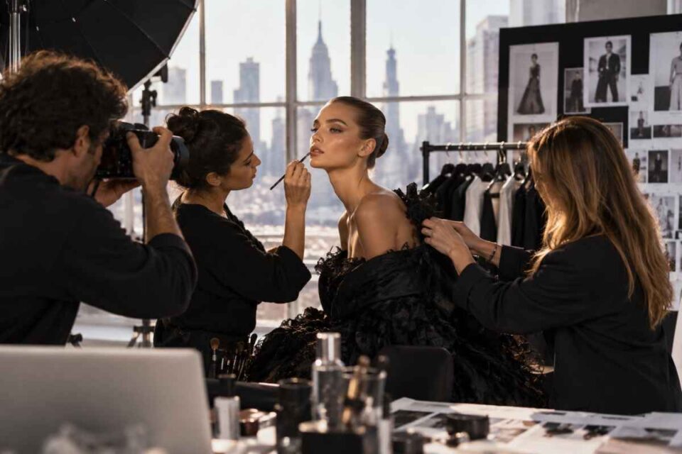 Lavorare a New York nel settore moda: fotografo, make-up artist e stylist preparano una modella durante uno shooting.